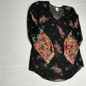Cabi Black Floral Sheer Bell Sleeve V Neck Tunic Top Women's M